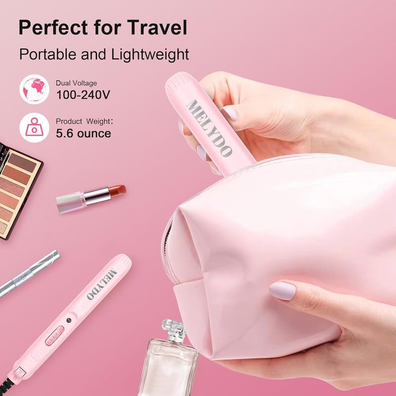 MELYDO Mini Portable Flat Iron, 0.7 Inch Dual Voltage Travel Hair Straightener - Small Flat Irons Hair Straightener for Short Hair, Curls Bangs, Worldwide-Use Travel Flat Iron, Pink - Image 3